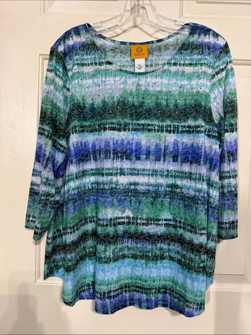 Ruby Rd. Blue & Green Striped Knit Long Sleeve Top